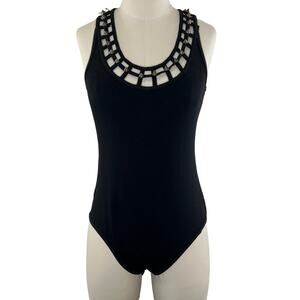 NWT Reverse Black Spike Stud Necklace Cutout Sleeveless Bodysuit Scoop M Medium